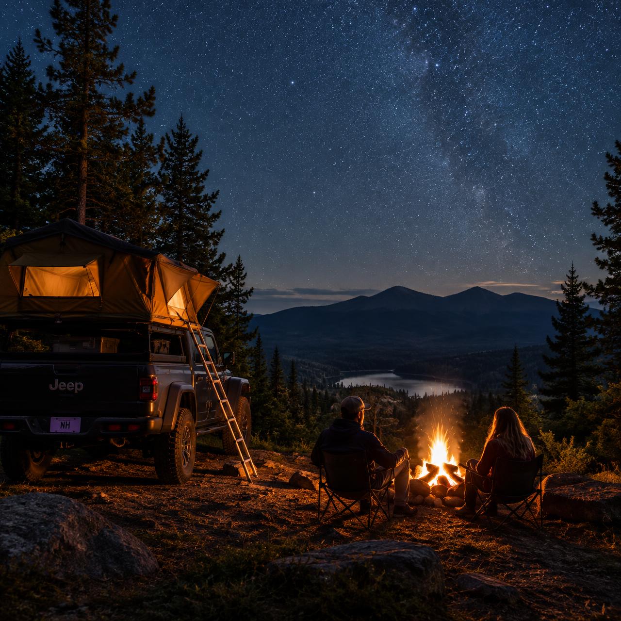 Couple at a campfire beside the Jeep under the stars
